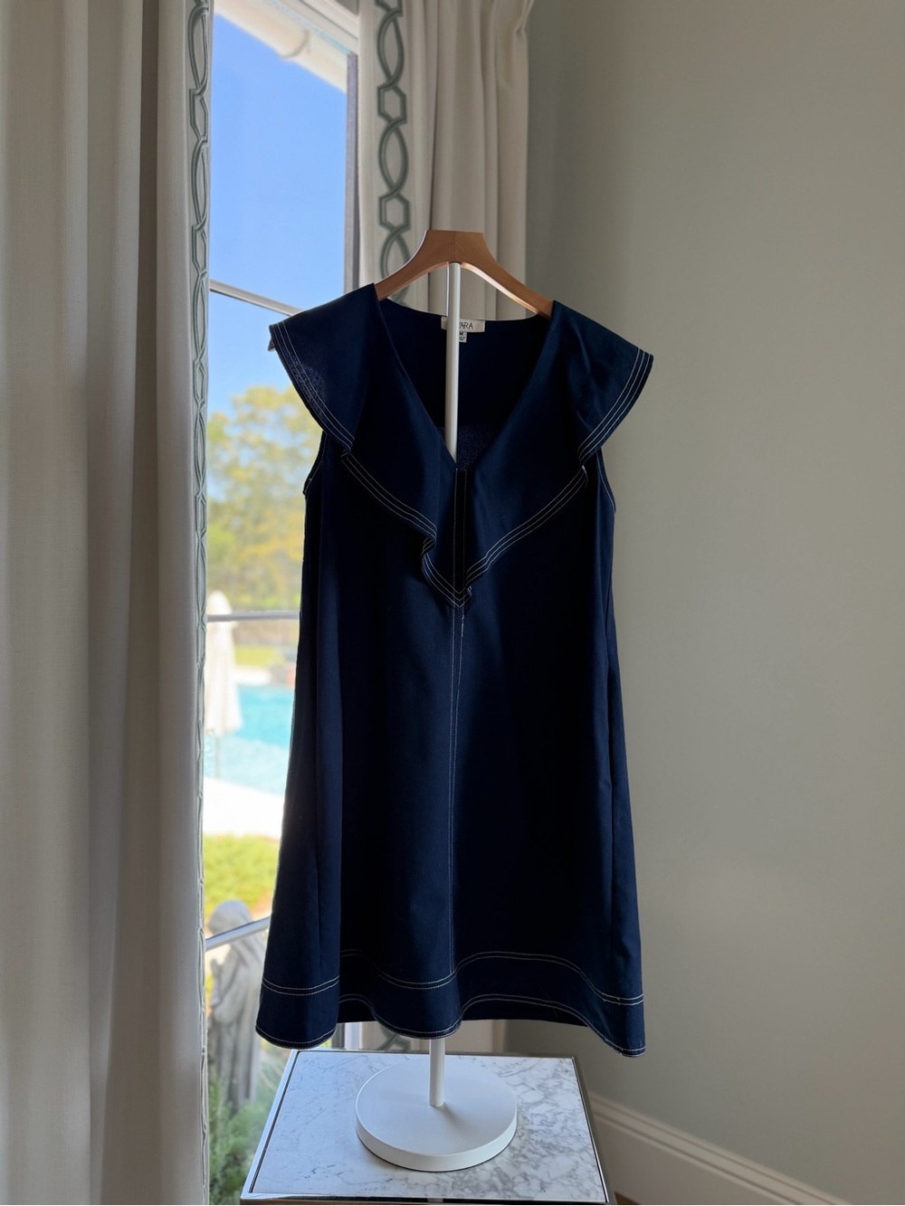 Avara Alexis Navy Ruffle Short Dress Contrast Stitch M